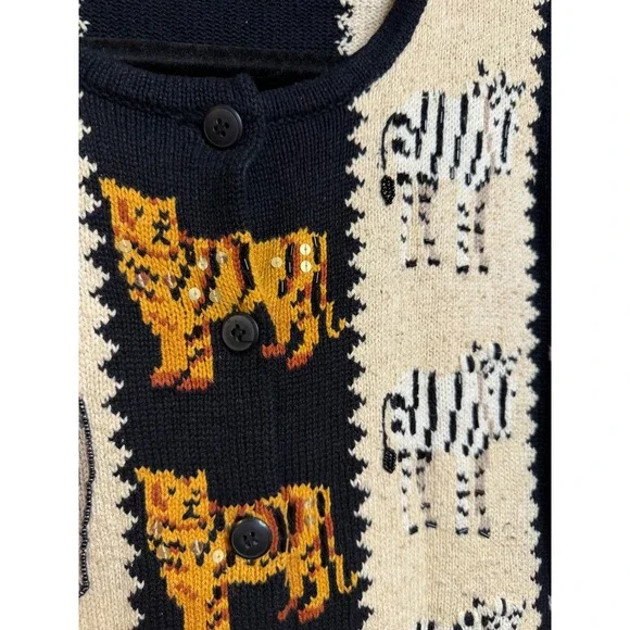 Jane's Closet Vintage Safari Animal Beaded Silk Blend Cardigan Sweater Large - Picture 3 of 8